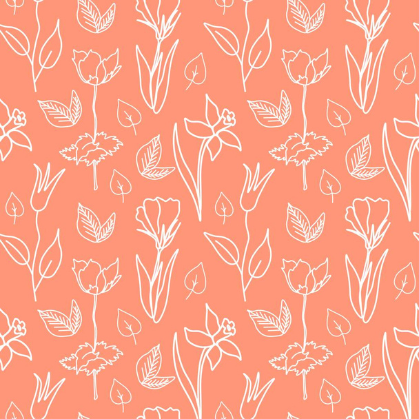 Vektor nahtlose Muster mit weißen Blumen auf Calming Coral Hintergrund. Einfache, florale, minimalistische, festliche Doodle-Stil Poster.Designs für Drucke, Aufkleber, Druck, Einladungen, Textilien, Packpapier. - Vektor, Bild