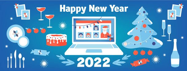 2022 Новий рік обкладинка Facebook, онлайн балачка з Санта, ілюстрація набір. Веб-сторінка, ноутбук, блокнот, різдвяна листівка
. - Фото, зображення