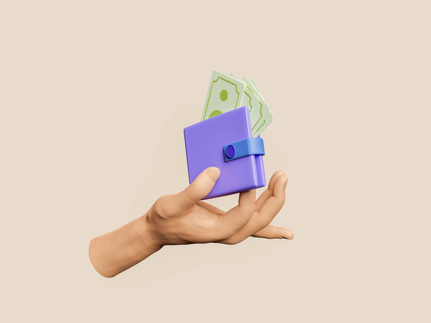 hand holding a wallet with bills sticking out. concept of saving and money. 3d rendering - Photo, Image