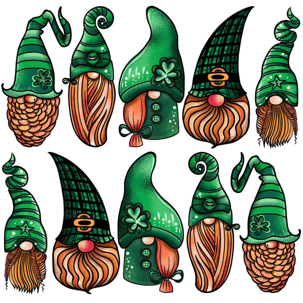 Illustration sans couture d'un gnome avec une barbe dans un chapeau. Symbole pour la fête de la st patrick sur fond blanc isolé. - Photo, image