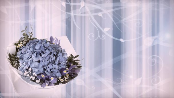 Modrá hortenzie květiny v krásně navržené kytice na světle modrém pozadí. Šablona pro blahopřání k svátku nebo výročí. Místo ke kopírování. - Fotografie, Obrázek