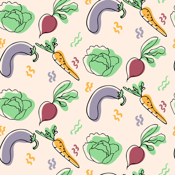 Бесшовный овощной узор, рисованные вручную каракули вегетарианская еда. - Вектор,изображение