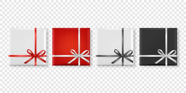 Vector 3d Realistic Paper White, Red, Black Christmas Gift Box, Bow Icon Set Isolated. New Year, Christmas, Valentine Day or Anniversary Concept. Design Template of Christmas Present Packing. Top View - Вектор, зображення