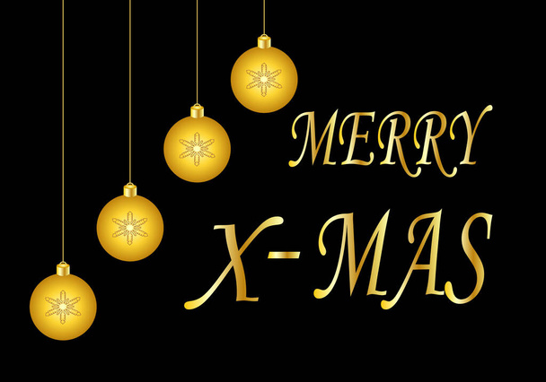 Pozdrowienia świąteczne z kulkami na drabinie, płatki śniegu w kolorze białym i tekst Wesołych Świąt w skrócie w złocie na czarnym tle - Wektor, obraz