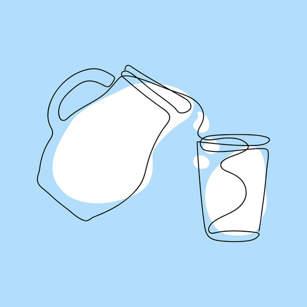 dibujado por una línea continua una jarra de la que se vierte la leche en un vaso sobre un fondo de manchas abstractas blancas sobre un fondo azul. lineart - Vector, Imagen