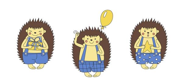 three hedgehogs in blue shorts, one with a yellow balloon, the second with a yellow box, and the third with a star, stand on their hind legs on a white background isolate - Vector, Image