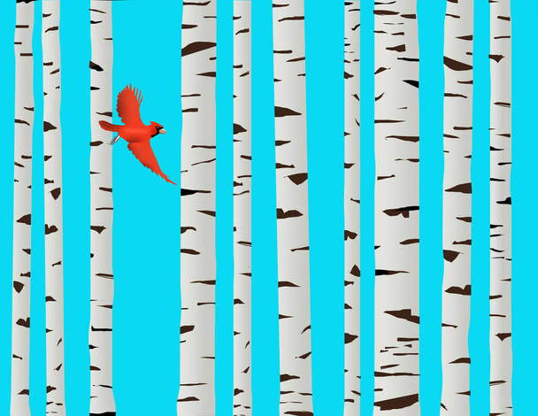 Un uccello cardinale rosso è visto volare tra le betulle di carta in questa illustrazione 3-d. - Foto, immagini