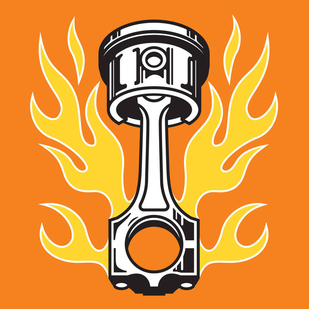 Kolben mit Flammen Hot-Rod-Autoteil-Abzeichen oder Emblem. Vektor-Abbildung eines Kolbens, umgeben von klassischen Hot-Rod-Stift-Streifenflammen. - Vektor, Bild