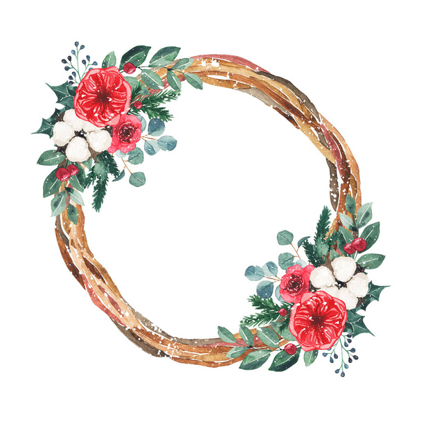 Watercolor round christmas frame with fir branches, berries, cottons isolated on white background. Botanical greenery holiday illustration for wedding invitation card design - Φωτογραφία, εικόνα