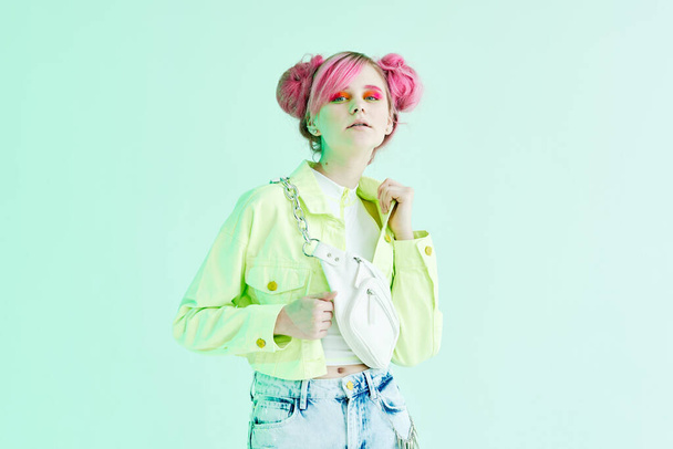 cheerful woman pink hair posing fashion clothes studio model - 写真・画像