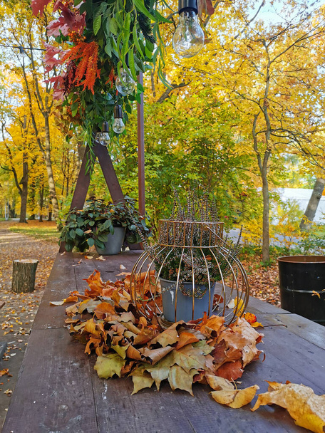 Uma mesa de madeira marrom de um café de rua com urze em um vaso de flores na forma de uma lanterna entre folhas de bordo, decorado com plantas e lâmpadas de cima em um parque de outono na Ilha de Elagin em São Petersburgo. - Foto, Imagem