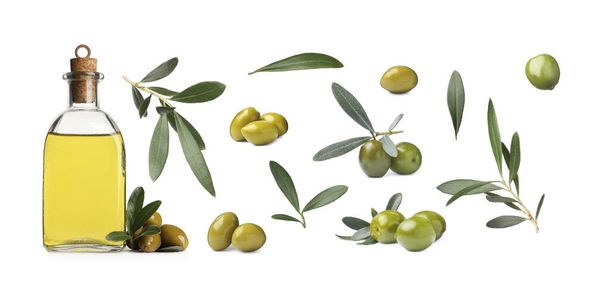 Bottle of oil, ripe olives and leaves on white background, collage. Banner design - Foto, afbeelding