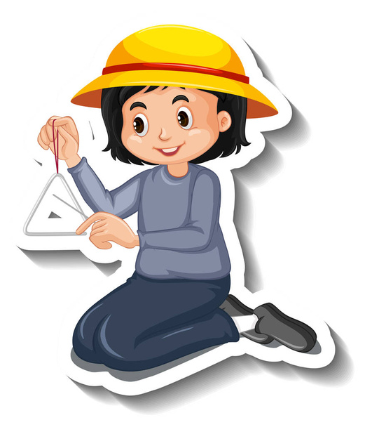 Cartoon sticker with girl playing triangle illustration - Photo, Image