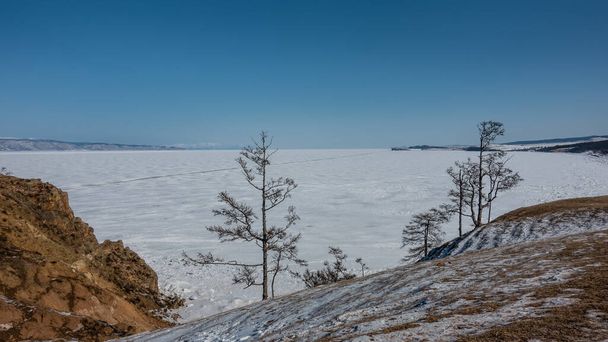 Het bevroren meer is bedekt met sneeuw. Sporen van autobanden op het oppervlak. Bare bomen aan de kust. Heldere blauwe lucht. Baikal. - Foto, afbeelding