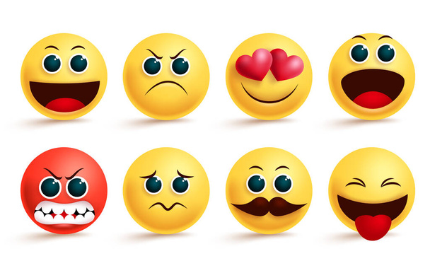Smiley emoji vector ingesteld. Gele glimlacht emoji en emoticon met schattige boze, in liefde, trieste en opgewonden gezichtsuitdrukkingen en emoties voor design elementen. Vectorillustratie.   - Vector, afbeelding