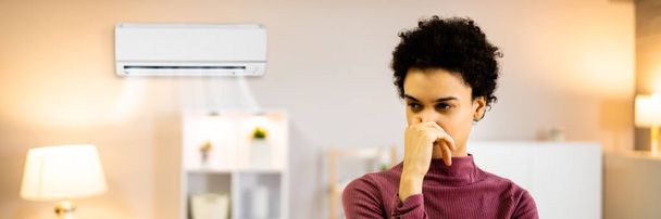 Air Conditioner Odor At Home. Upset Woman - Foto, afbeelding