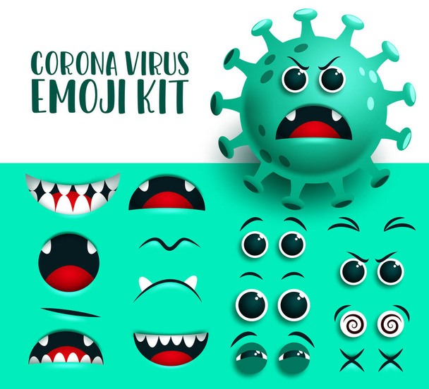 Corona virüsü emoji kiti vektörü ayarlandı. Covid19 yeşil Ncov virüs simgesi, ikon gözler ve mikropların oluşumu için kızgın yüz ifadesi olan ağız düzenleme kiti. Vektör illüstrasyonu.  - Vektör, Görsel