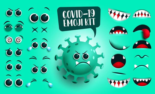 Covid19 emoji kit vector set. Green corona virus covid19 smiley and icon creation, kit eyes and mouth with sad facial expression isolated in green background. Vector illustration. - Vector, Image