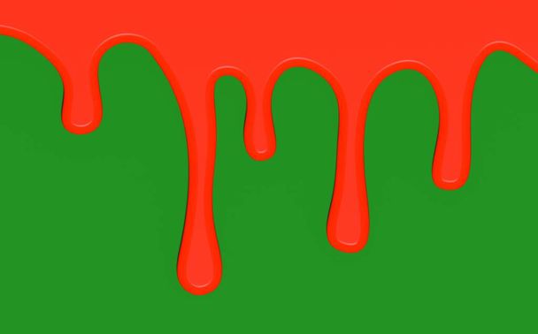 Rode verf vloeit op groene achtergrond. Rode vloeistof. Bloeddruppels. Rood water stroomt. Groene achtergrond. Horizontaal beeld. 3D-beeld. 3D-weergave. - Foto, afbeelding