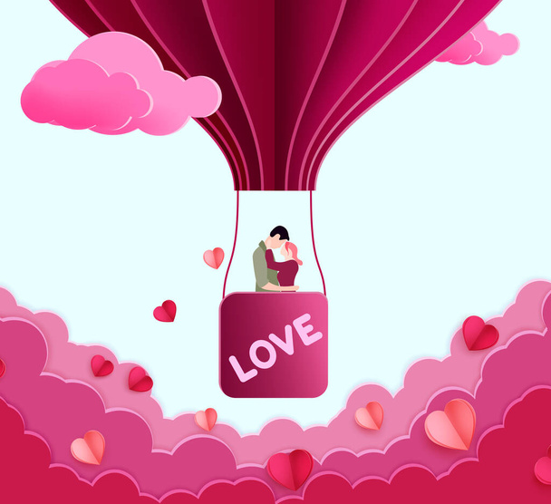 Valentýnský charakter vektorové pozadí. Valentýna pár postav datování v plovoucí horkovzdušný balón pro romantické valentýnské oslavy designu. Vektorová ilustrace - Vektor, obrázek