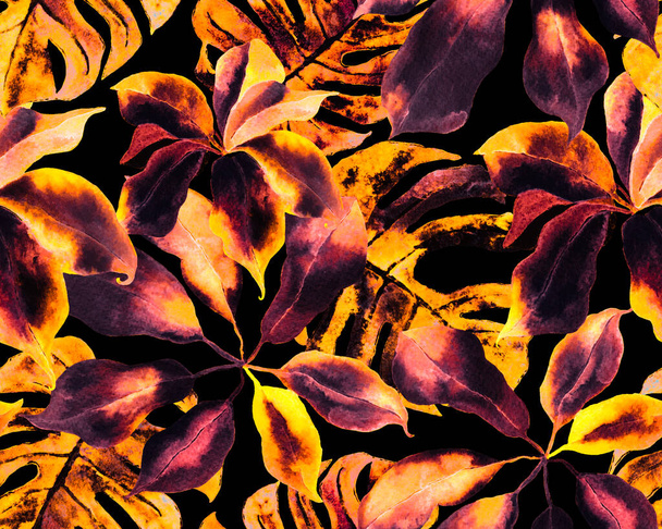 Schefflera Arboricola Seamless Pattern. Schefflera Actinophylla Hayata Repeated Ornament Botanical Watercolor Print. Evergreen Variegated Walisongo Plant with Exotic Flowers. Yellow and Black - Fotó, kép