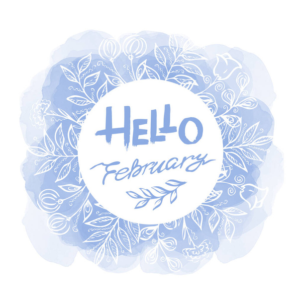 Hello February - blue line art text in an circle frame with frost floral elementes and watercolor blots on white background. Hand drawn one line lettering Winter phrase - Zdjęcie, obraz