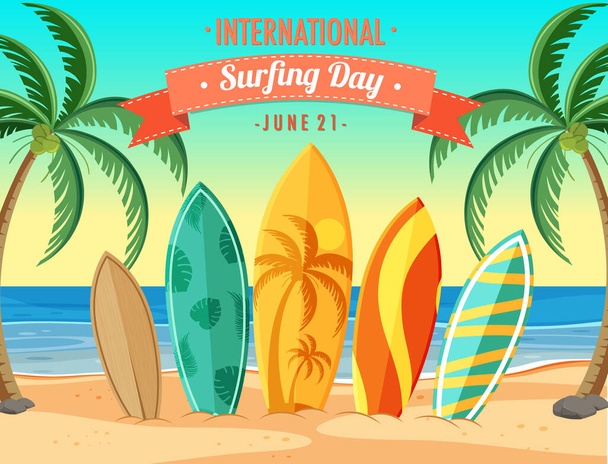 Giornata Internazionale del Surf banner con molte tavole da surf sulla spiaggia illustrazione - Vettoriali, immagini