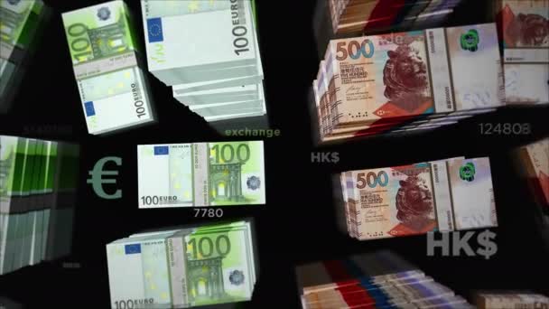 Euro and Hong Kong Dollar money exchange. Paper banknotes pack bundle. Concept of trade, economy, competition, crisis, conflict, rivalry and finance. Notes loopable seamless 3d animation. - Footage, Video