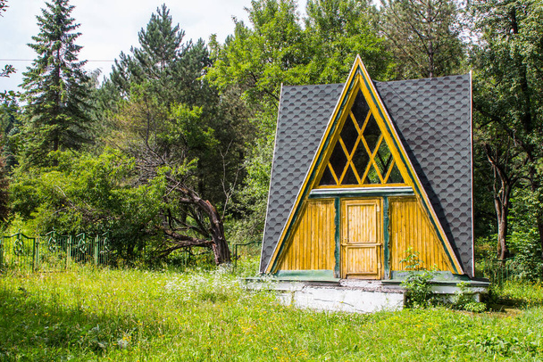 Vreemd driehoekig historisch houten gebouw in het park van Truskavets. Oekraïne  - Foto, afbeelding