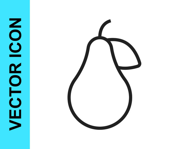 Icona Black line Pear isolata su sfondo bianco. Frutta con simbolo di foglia. Vettore - Vettoriali, immagini