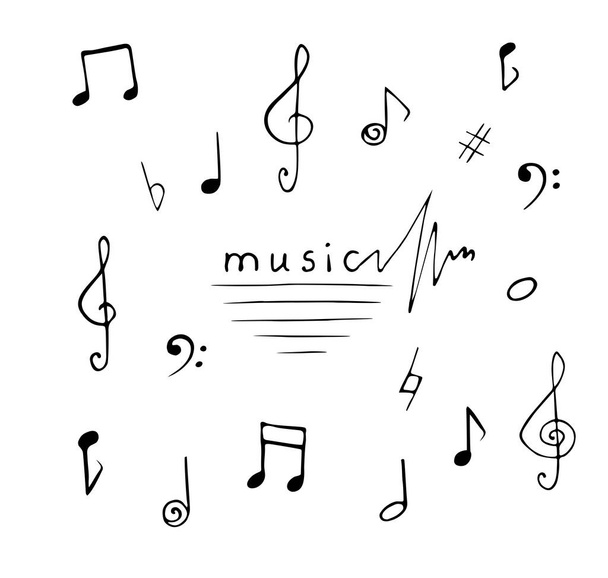 Dibujado a mano garabatos notas musicales, elementos y conjunto de firmas. Bosquejo, ilustración vectorial.  - Vector, imagen