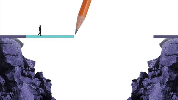 ilustração 3d - correndo de um penhasco para outro com a ajuda de um esboço de linha de lápis como um conceito para colmatar a lacuna para o sucesso - Foto, Imagem
