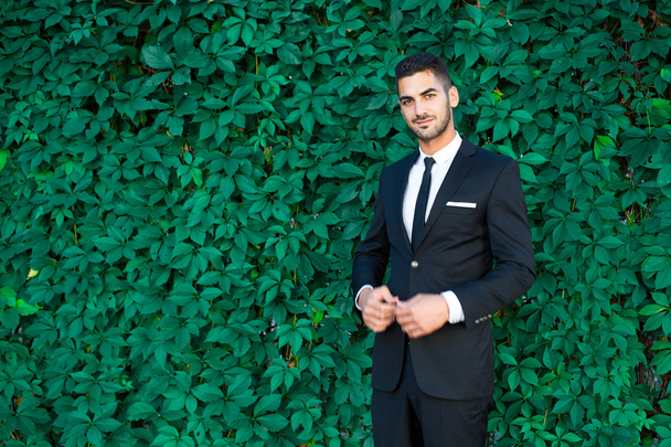 elegant businessman standing on leaves background - Фото, изображение