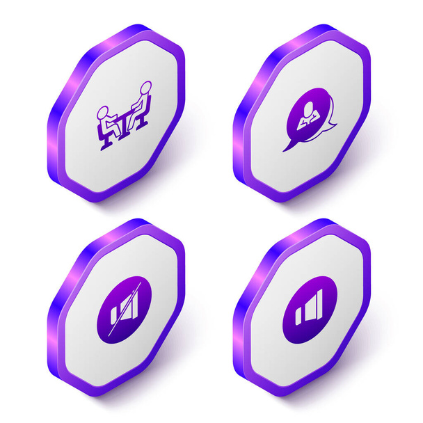 Set Isometric Meeting, Speech bubble chat, Mute microphone and Speaker volume icon. Purple hexagon button. Vector - Vector, Image