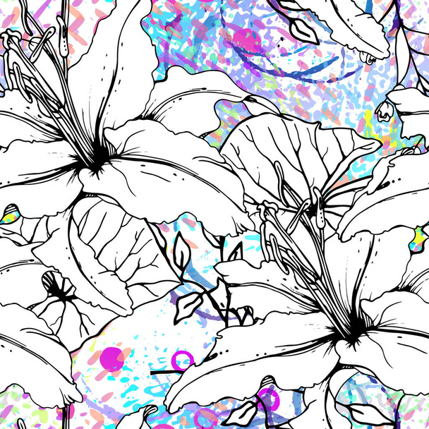 Artistic Floral Seamless Pattern. Outline Flowers Surface. Botanical Vector Motif. Blooming on Watercolor Texture For Fashion. Drawing Abstract Leaf. Trends Tropic Background. Black and White Print. - ベクター画像