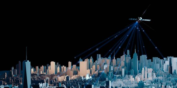 上空の通信衛星や高層ビルが立ち並ぶ首都圏を通じて信号を送る3Dイラスト - 写真・画像