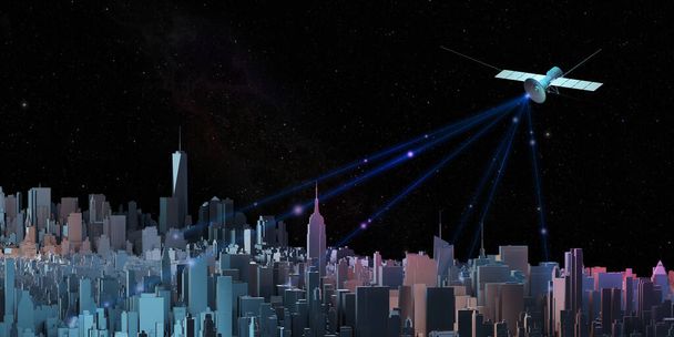 Transmitting signals through communications satellites in the sky and the capital city with tall buildings 3D illustration - Photo, Image