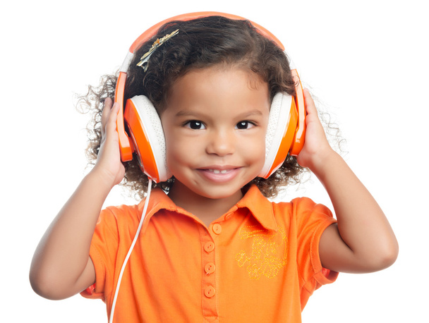 Small afro american girl with bright orange headphones - Foto, Imagem