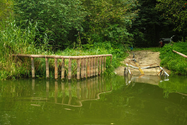Remains of an old bridge on the river bank, summer forest landscape. - Foto, Bild