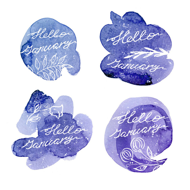 Set Hand drawn one line lettering winter phrase on white background. hello January - text on Watercolor violet and blue circle blots - Фото, изображение