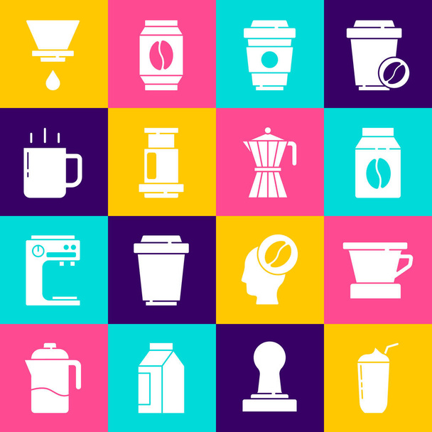 Definir Milkshake, cafeteira V60, feijões saco, xícara de café para ir, Aeropress, e moca pote ícone. Vetor - Vetor, Imagem