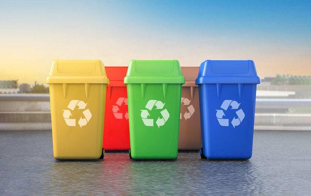 Plastové nádoby na odpadky různých typů. Třídění odpadu pro recyklaci - Fotografie, Obrázek