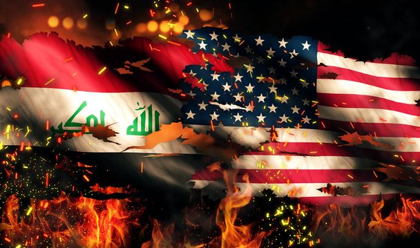 Iraku usa bandery rozdartym wojną ogień międzynarodowy konflikt 3d - Zdjęcie, obraz