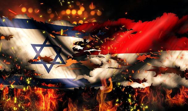 Israël Indonesië vlag oorlog verscheurd brand internationale conflict 3d - Foto, afbeelding