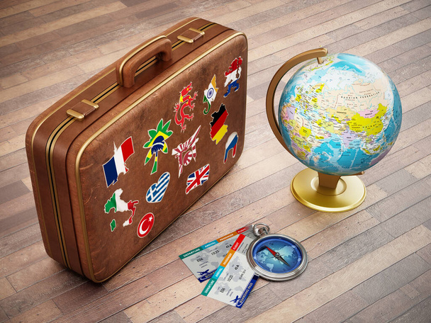 Vintage suitcase with flags of world countries, globe, compass and plane tickets. 3D illustration. - Foto, Imagen