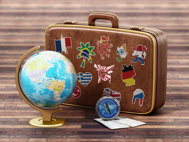 Vintage suitcase with flags of world countries, globe, compass and plane tickets. 3D illustration. - Photo, image