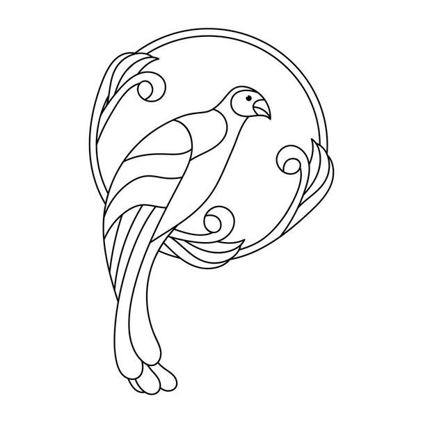 Coloring book page fot children. A cute bird in a round ornate frame. Vector illustration. - Vector, Image