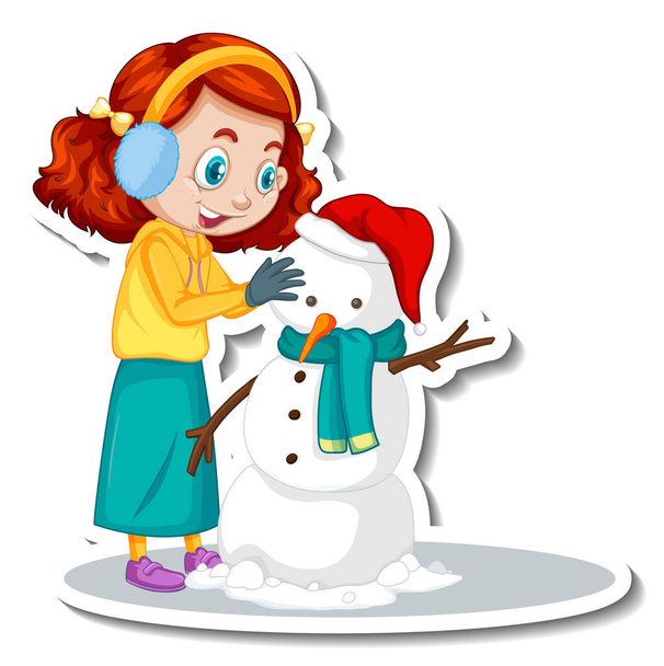 Tyttö rakentaa lumiukko sarjakuvahahmo tarra kuva - Vektori, kuva