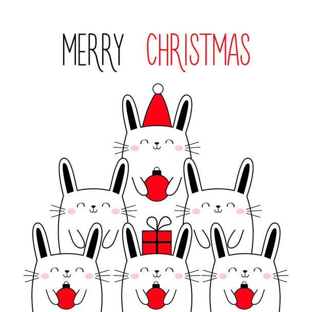 Merry Christmas Happy New Year. Christmas tree bunny. Triangle shape. Cute cartoon kawaii pet set. Santa Claus red hat. Doodle line rabbit hare. Xmas ball toy. Flat design. White background. Vector - Vektori, kuva