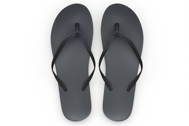 Tongs ou sandales noires de plage isolées sur fond blanc. 3d rendre concept de vacances d'été en famille - Photo, image